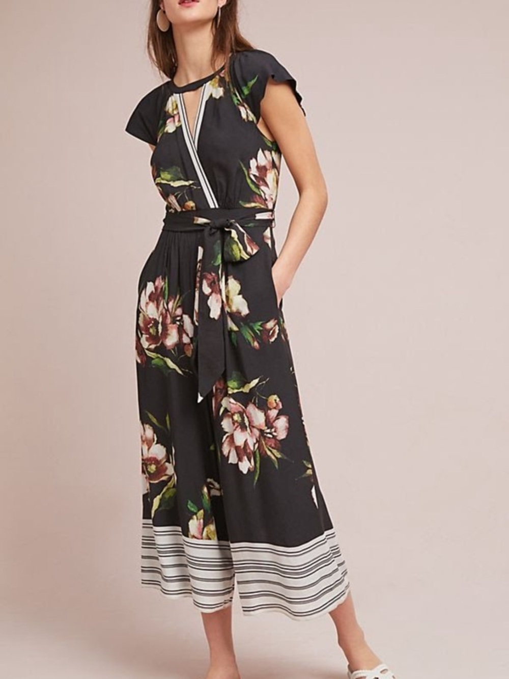 Maeve by Anthropologie Black Floral Wrap Jumpsuit with Striped Hem | Size: XS